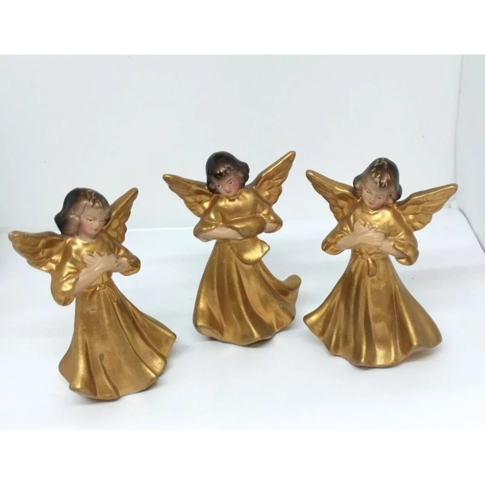 Vintage Set of 3 Christmas Angel Figurines Japan MCM Metallic Gold Hand Painted